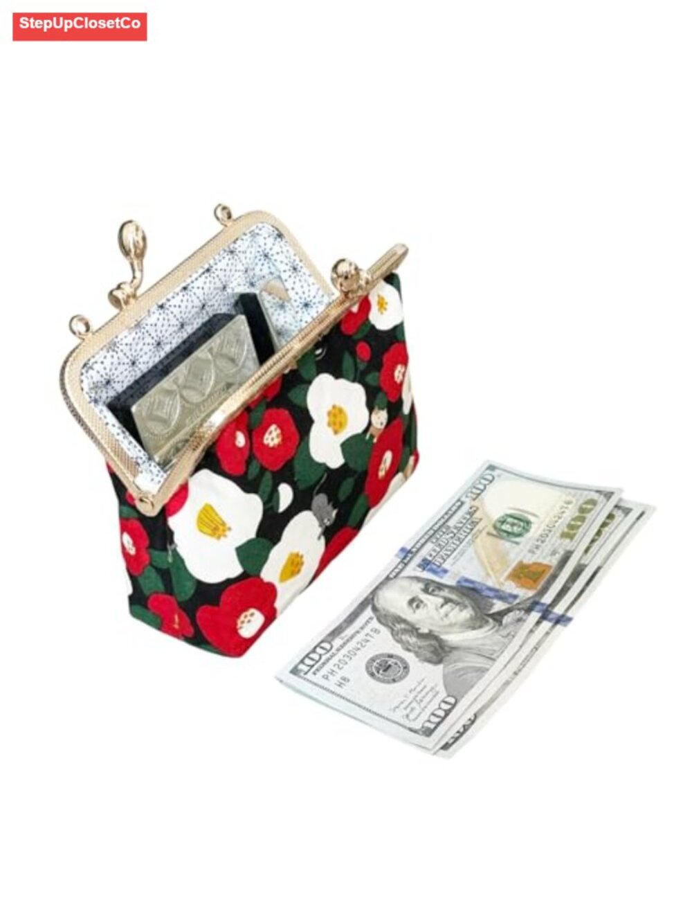 Vintage Floral Kiss Lock Clutch Handmade Japanese Cotton Coin Pouch Small Wallet - Picture 5 of 6